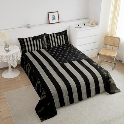 American Flag Comforter Set Twin Military Camo Down Comforter,Retro Army Green Camouflage USA Flag Bedding Set For Kids Boys Teens Men Bedroom,Black Grey Stars Stripes Quilt Duvet Set 1 Pillow Case