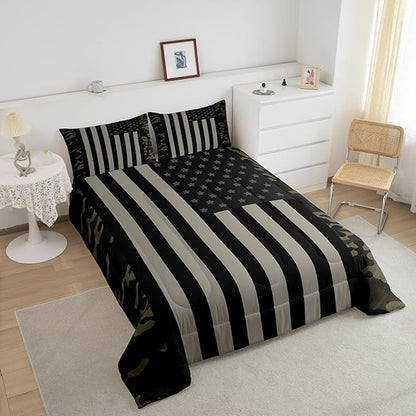 American Flag Comforter Set Queen Military Camo Down Comforter,Retro Army Green Camouflage USA Flag Bedding Set For Kids Boys Teens Men Bedroom,Black Grey Stars Stripes Quilt Duvet Set 2 Pillow Cases