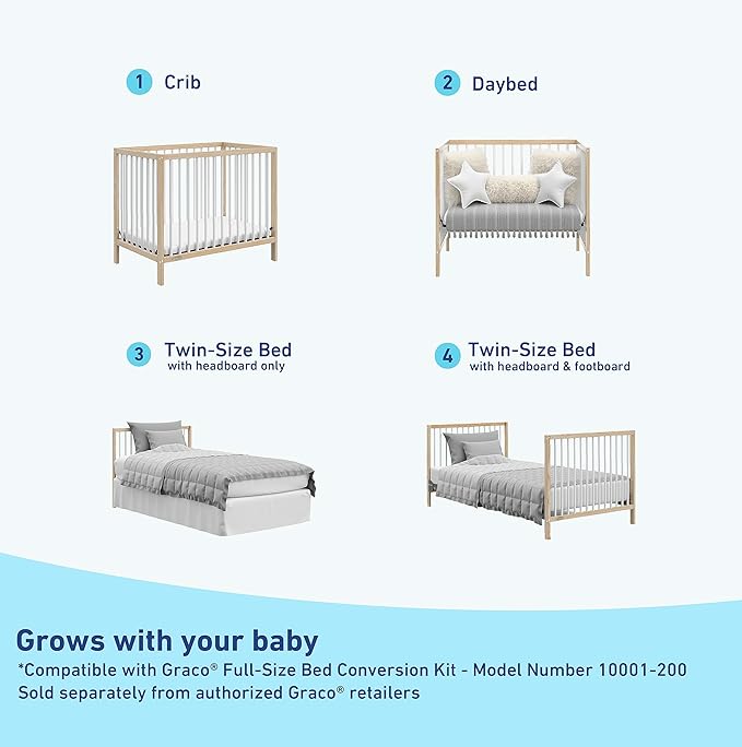 Graco Teddi 4-in-1 Convertible Mini Crib with Bonus Water-Resistant Mattress (Natural with White) – GREENGUARD Gold Certified, 2.75-Inch Mattress Included, Convenient Size, Easy 30-Minute Assembly