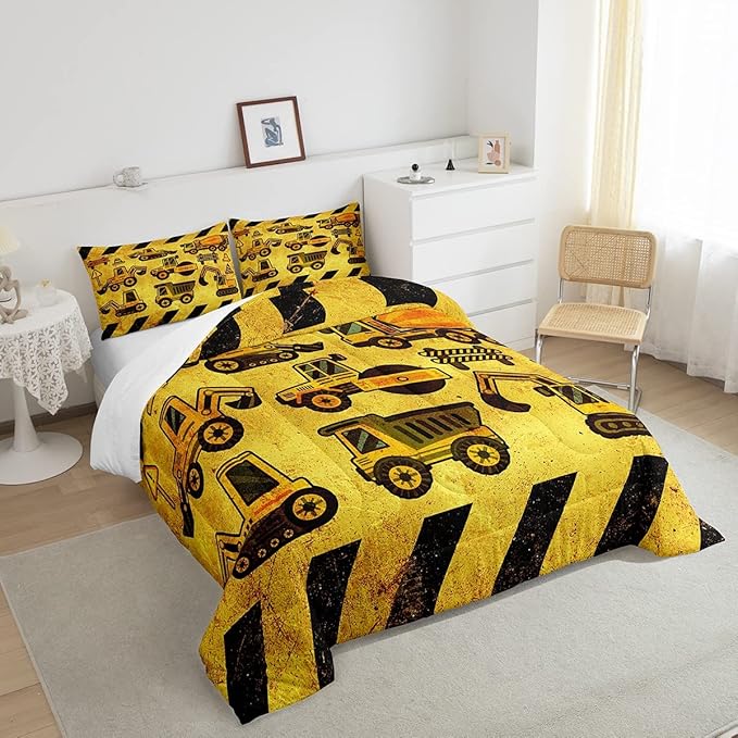 Tractor Bedding Set Full Size, Equipment Truck Comforter Set, Construction Excavator Down Comforter, Yellow Vehicle Super Soft Quilt Set For Kids Boys Teens, Construction Site Car Comforter Decor