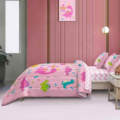 Girls Dinosaur Bedding Twin Green Pink Dinosaur Comforter Set, Cute Cartoon Down Comforter for Little Girls Teens Kids Adults Room Decor, Reversible Bed-in-a-Bag 5-Piece Bed Sets