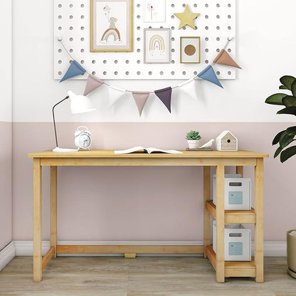 Max & Lily Solid Wood Desk With Shelves, 55 Inches, Natural