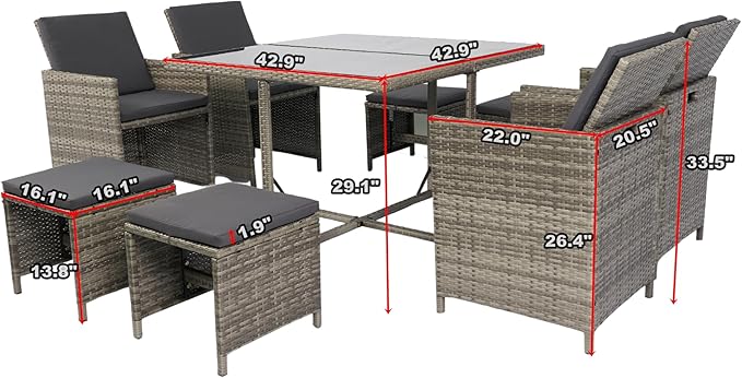 9 Pieces Patio Dining Outdoor Furniture, Space Saving Rattan Chairs with Glass Table, Cushioned Seating and Back Sectional Conversation Set, Zm-Grey