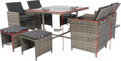 9 Pieces Patio Dining Outdoor Furniture, Space Saving Rattan Chairs with Glass Table, Cushioned Seating and Back Sectional Conversation Set, Zm-Grey
