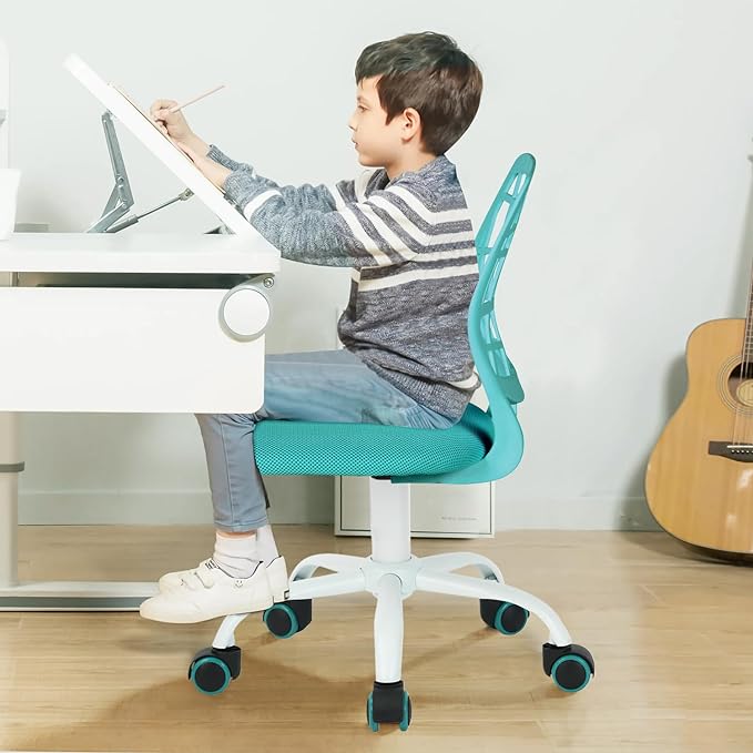 FurnitureR Kids Desk Chair, Armless Office Chair Small Adjsutable Swivel Task Chair with Soft Cushion for Study Kids Teens Child, Turquoise