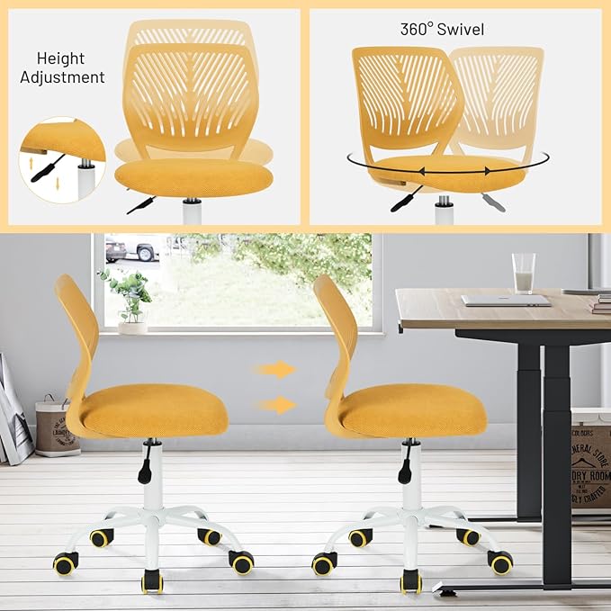 FurnitureR Kids Desk Chair, Small Adjustable Swivel Computer Task Chair with Plastic Backrest and Padded Seat Cushion, Fabric Armless Cute Rolling Child Office Chairs Study Chair, Yellow