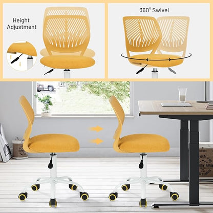 FurnitureR Kids Desk Chair, Small Adjustable Swivel Computer Task Chair with Plastic Backrest and Padded Seat Cushion, Fabric Armless Cute Rolling Child Office Chairs Study Chair, Yellow