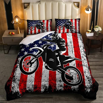 Dirt Bike Comforter Set Full Motocross Comforter Retro American Flag Bedding Set for Kids Boys Teens Men Grunge Room Decor,Extreme Sports Tie Dye Bed Set Motor Biker Motorcycle Quilt Duvet Set 3 Pcs
