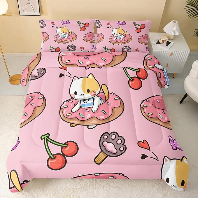 Kawaii Cat Comforter King Size,Doughnut Cherry Cat Comforter Set for Kids Teens Girls,3Pcs Bedding Set Printed Comforter with 2 Pillowcases,Soft and Lightweight(Pink，King Size)