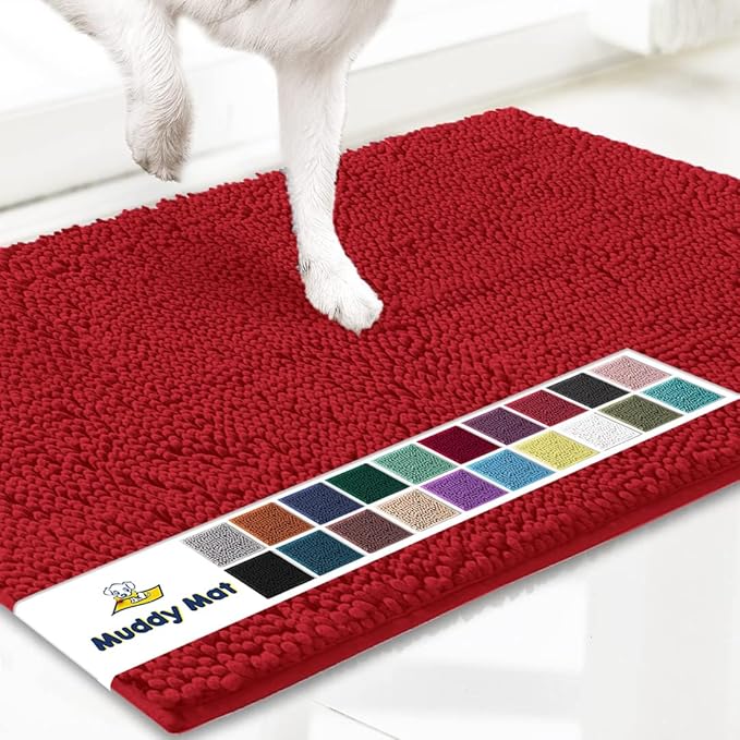 Muddy Mat® Shown on TV – Super Absorbent Microfiber Dog Door Mat for Muddy Paws, Non-Slip Washable Pet Rug, Quick Dry Chenille Entryway Carpet, Machine Washable Indoor Outdoor mat, Red 30"x19"
