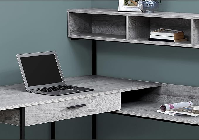 Monarch Specialties Workstation for Home & Office with Multiple Shelves and Drawer L-Shaped Corner Desk with Hutch, 60" L, Grey/Black Frame