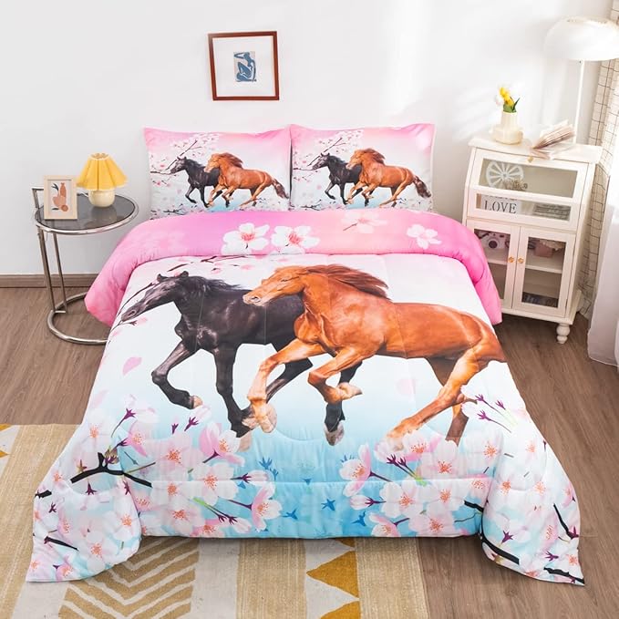 Feelyou Girls Horse Bedding Set Twin Size Galloping Horses Comforter Set for Kids Teens Cherry Blossom Comforter 3D Wild Animal Duvet Set Farmhouse Bedroom Decor Quilt Set 2Pcs