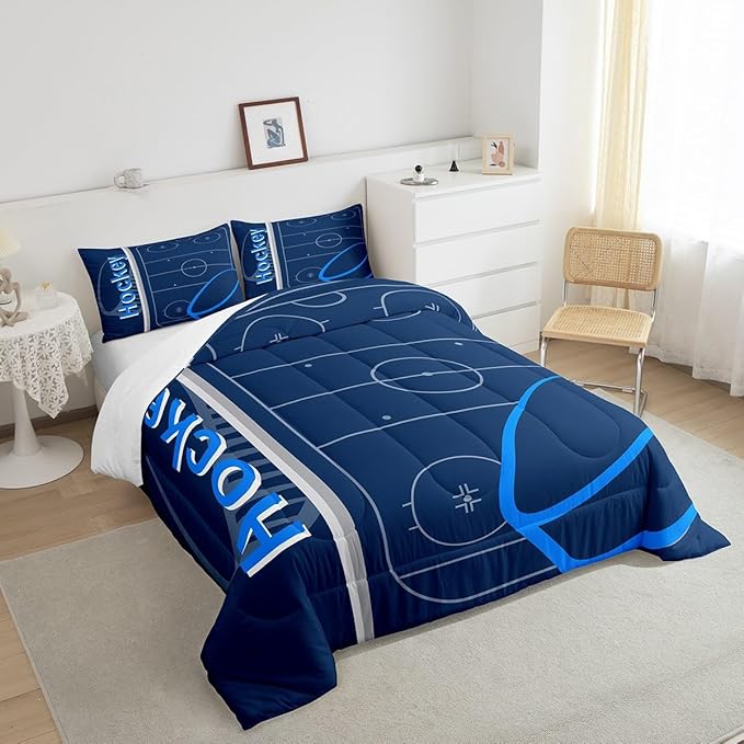 Feelyou Kids Ice Hockey Comforter Set King Size Ice Sports Games Bedding Set for Boys Girls Teens Bedroom Decor Hockey Player Comforter Puck Hockey Duvet Set with 2 Pillow Case