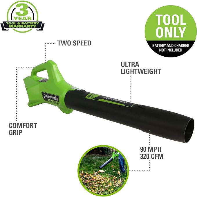 Greenworks 24V (90 MPH / 320 CFM / 125+ Compatible Tools) Cordless Axial Leaf Blower, Tool Only
