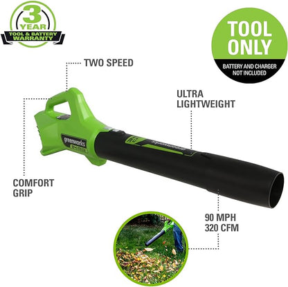 Greenworks 24V (90 MPH / 320 CFM / 125+ Compatible Tools) Cordless Axial Leaf Blower, Tool Only