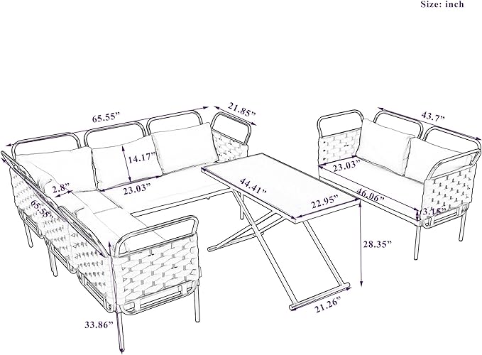 5-Piece Outdoor Furniture Sectional Conversation Sofa Set with Loveseat, Glass Table and Removable Cushions, All Weather Patio Woven Rope L-Shaped Couch for Garden Backyard, Gray+Beige