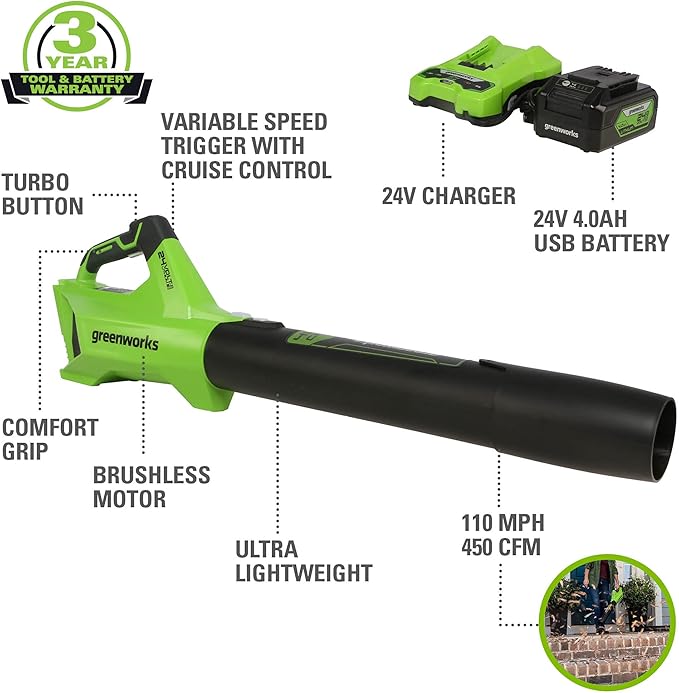 Greenworks 24V (110 MPH / 450 CFM / 125+ Compatible Tools) Cordless Brushless Axial Leaf Blower, 4.0Ah Battery and Charger Included