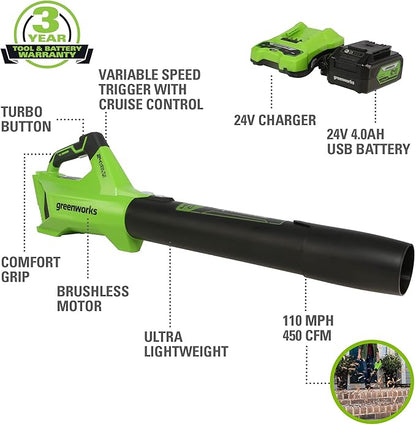 Greenworks 24V (110 MPH / 450 CFM / 125+ Compatible Tools) Cordless Brushless Axial Leaf Blower, 4.0Ah Battery and Charger Included