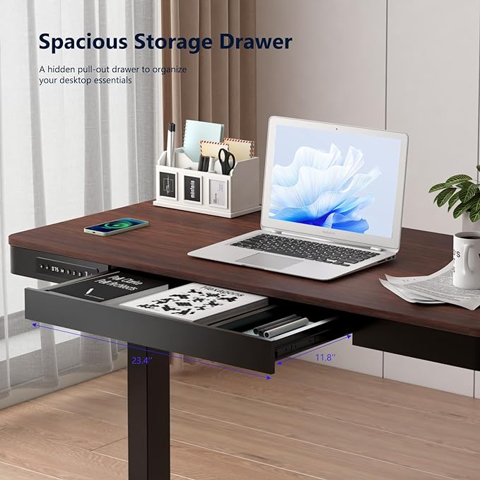 Standing Desk with Drawer and Wireless Charging,48x24 inch Dual Motor Electric Standing Desk,Stand Up Desk with Whole-Piece Desktop(Black Oval Legs+Rustic Brown Top)