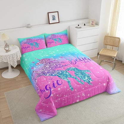 Unicorn Duvet Insert Queen Size,Glitter Starry Sky Comforter Set,Pink Blue Gradient Bedding Set,Sparkel Sequins Animal Down Comforter For Girls Teens Women Youth,3Pcs Magical Unicorn Quilt Comforter