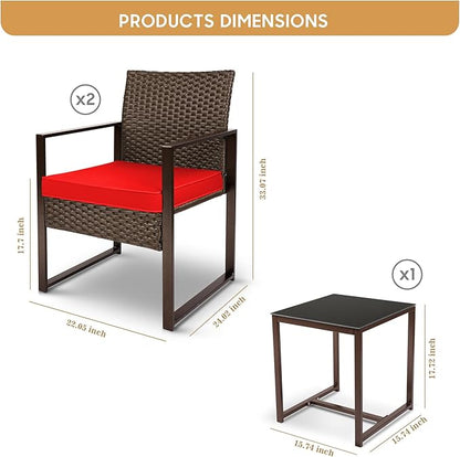 YIYAN 3 Pieces Outdoor Furniture Set Patio Rattan Wicker Chairs & teatable,Lawn Garden Balcony Backyard,with Washable Cushion (Red)