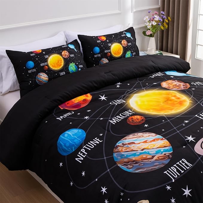 Aimuan Space Comforter Twin Set Kids Rocket Bedding Set Super Soft & Cute Aliens UFO Printed for Boys Girls Teen (Black 1, Full)