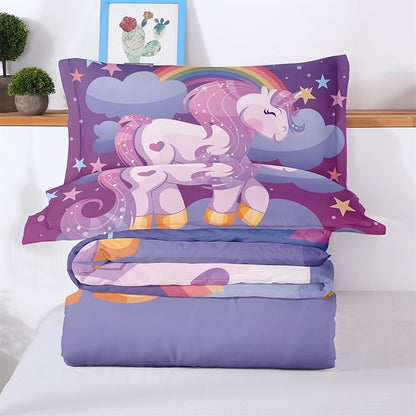 Unicorn Twin Bedding Sets for Girls Kids Comforter Set Twin Size with 2 Pillowcases Purple Rainbow Glittering Unicorn Room Decor for Girls Bedroom Ultra Soft Machine Washable Toddler Bed Set