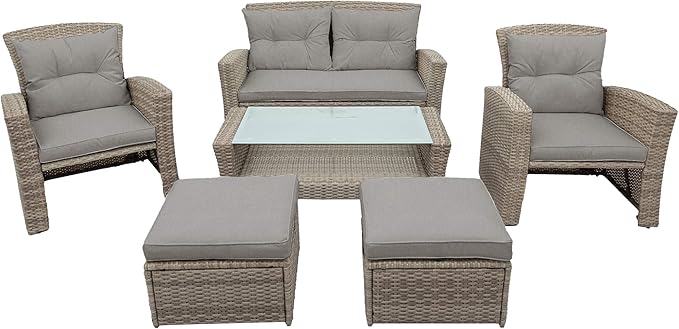 4-Piece Rattan Patio Furniture Sets, All Weather Outdoor Sectional Sofa Loveseat with Ottoman,Soft Cushions&Glass Table w/Shelf, Wicker Conversation Couch for Garden Backyard, Onesize, Gray