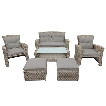 Set, 4 Piece Outdoor Wicker Rattan Sectional Sofa with Glass Table, Ottoman and Soft Cushions, Front Porch Apartment Patio Furniture for Backyard Lawn Garden, Onesize, E-Gray-e