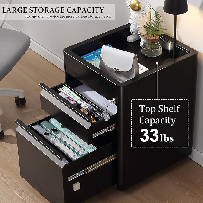 2 Drawer Mobile File Cabinet Top Storage Shelf, Rolling Metal Filing Cabinet for Legal & Letter File Anti-tilt Design with Lock Under Desk Office Drawers Fully Assembled Except Casters(Top ST B)