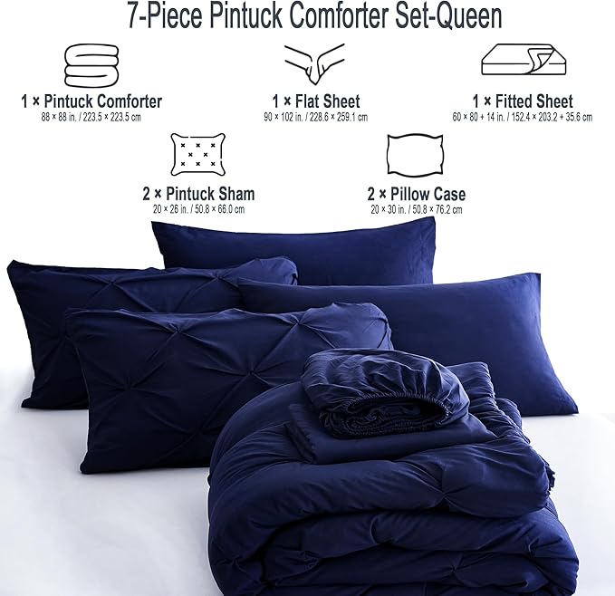 Ubauba 7pc Bed Comforter Set Queen Size, 7 Piece Dark Blue Bedding Sets with Comforters and Sheets, Royal Blue Soft and Fluffy Bed in a Bag Set (Navy,Queen)