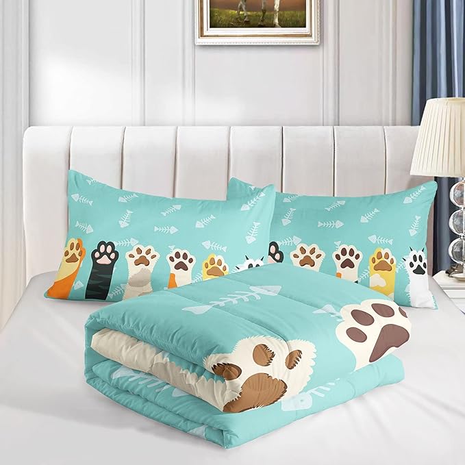 Datura home Cat Paws Comforter Bedding Set for Kids Teens,Cartoon Cat Paws and Fish Bones Pattern Lightweight Cyan Comforter with 2 Pillowcases,3pcs(Cat Paws Twin)