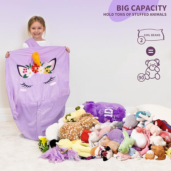 Aubliss Unicorn Stuffed Animal Storage Bean Bag Chair for Kids, Velvet Extra Soft Beanbag Chairs Cover, X-Large Stuffable Zipper Bean Bag for Organizing Plush Toys Girls Bedroom Decor, Purple Floral