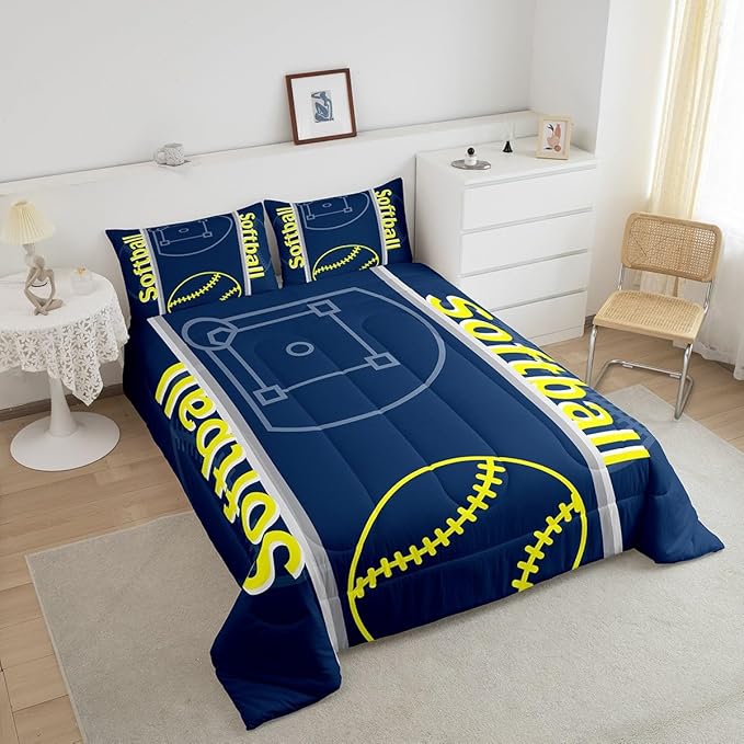 Feelyou Kids Softball Comforter Set King Size Sports Game Bedding Set for Boys Girls Teens Bedroom Decor Baseball Comforter Softball Gaming Theme Duvet Set with 2 Pillow Case