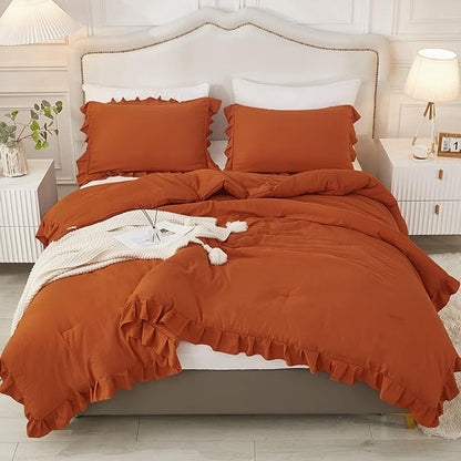 Andency Terracotta Ruffle Comforter King(104x90Inch), 3 Pieces(1 Ruffled Comforter and 2 Pillowcases) Solid Farmhouse Shabby Chic Comforter, Vintage Rustic Soft Microfiber Bedding Set