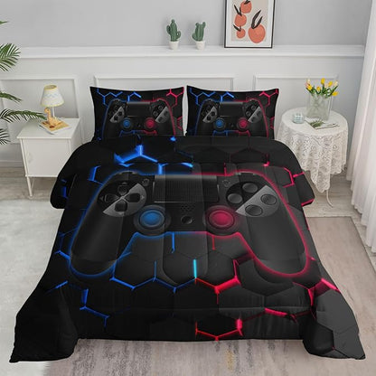Axolotl Gamer Comforter Sets Queen,Geometric Honeycomb Gaming Bedding Sets,Video Games Comforter,Gaming Bedding Set,Game Console Comforter Set for Kids Boys Girls Teens,1 Quilt 2 Pillowcases,Blue Red