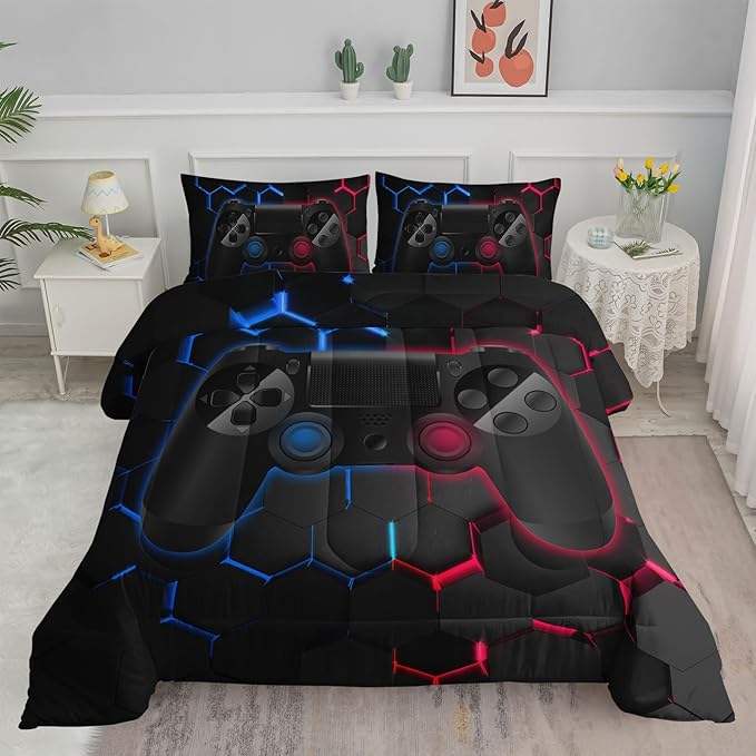 Axolotl Gamer Comforter Sets Twin,Geometric Honeycomb Gaming Bedding Sets,Video Games Comforter,Gaming Bedding Set,Game Console Comforter Set for Kids Boys Girls Teens,1 Quilt 2 Pillowcases,Blue Red