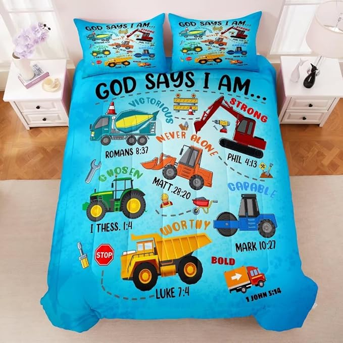 Boys Construction Vehicles Truck Comforter Set Queen,Christian Kids God Says I Am Construction Bedding Set,Car Excavator Tractor Bedroom Set（1 Comforter 2 Pillowcase） Blue