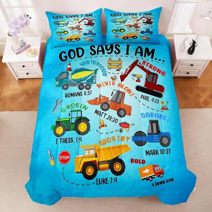 Boys Construction Vehicles Truck Comforter Set Queen,Christian Kids God Says I Am Construction Bedding Set,Car Excavator Tractor Bedroom Set（1 Comforter 2 Pillowcase） Blue