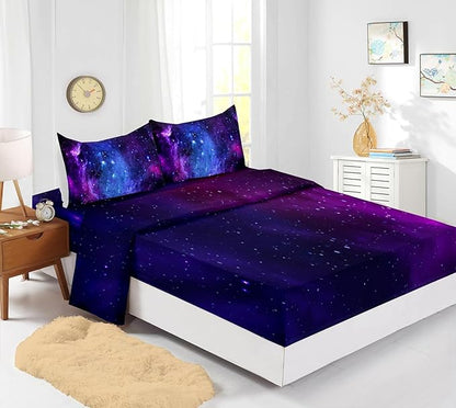 Galaxy Comforter Sets Twin 7PCS,Purple Comforter Set,Girls Bed Sets,Bed in a Bag with Flat Sheet and Fitted Sheet,Pillowcases,Cushions for Girls,Purple Galaxy Twin Bedding Sets
