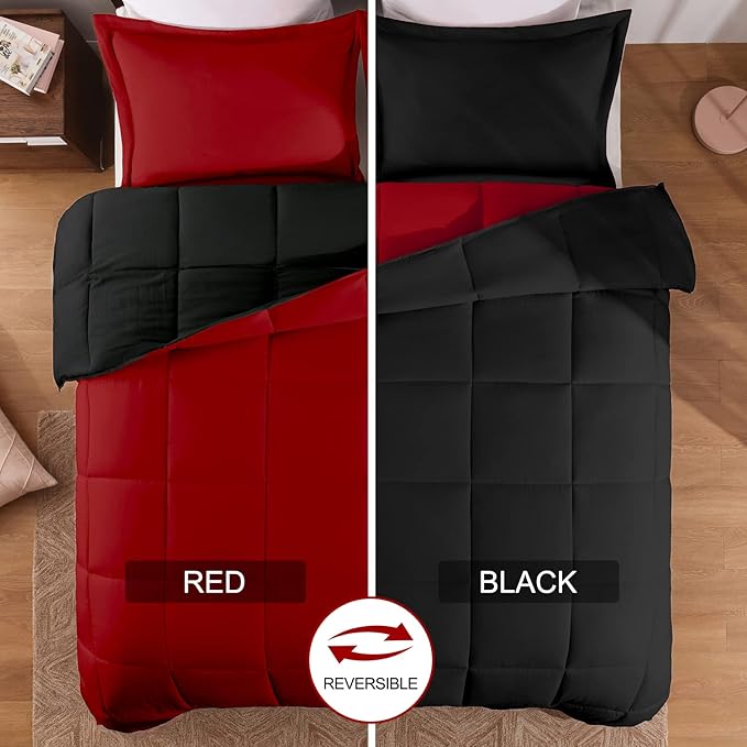 Basic Beyond King Size Comforter Set - Fluffy King Bed Comforter Set for All Seasons - Reversible Red Comforter Set King - 3 Pieces (1 Comforter + 2 Pillow Shams) - Red/Black