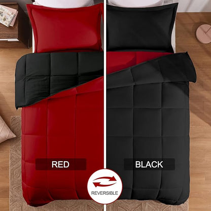 Basic Beyond King Size Comforter Set - Fluffy King Bed Comforter Set for All Seasons - Reversible Red Comforter Set King - 3 Pieces (1 Comforter + 2 Pillow Shams) - Red/Black