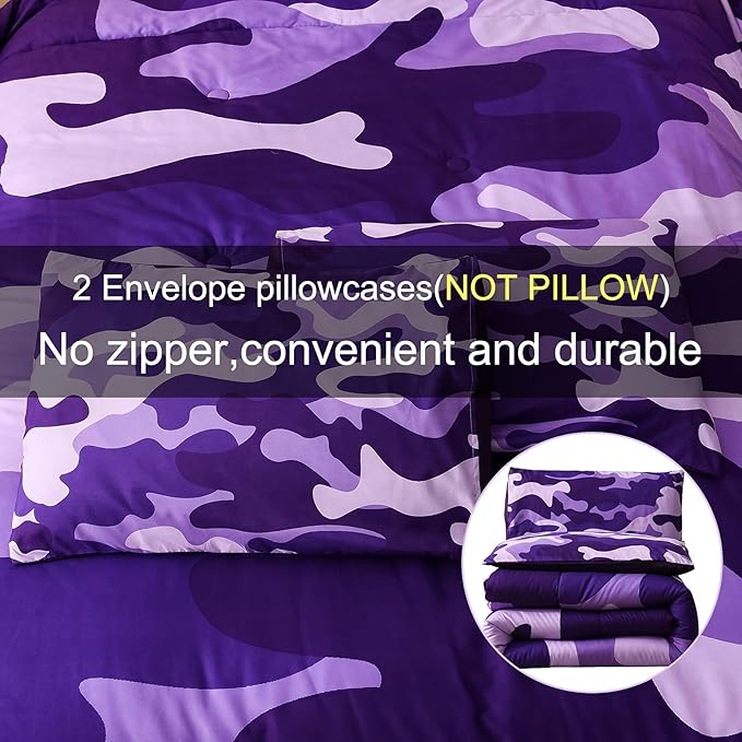 Meeting Story Camouflage Bedding Set, Colorful Pattern Queen Camouflage Comforter Set, 3 PCS One Comforter and Two Pillowcases in One Bag, All Season Bedspread for Teens Adults (Purple, King)