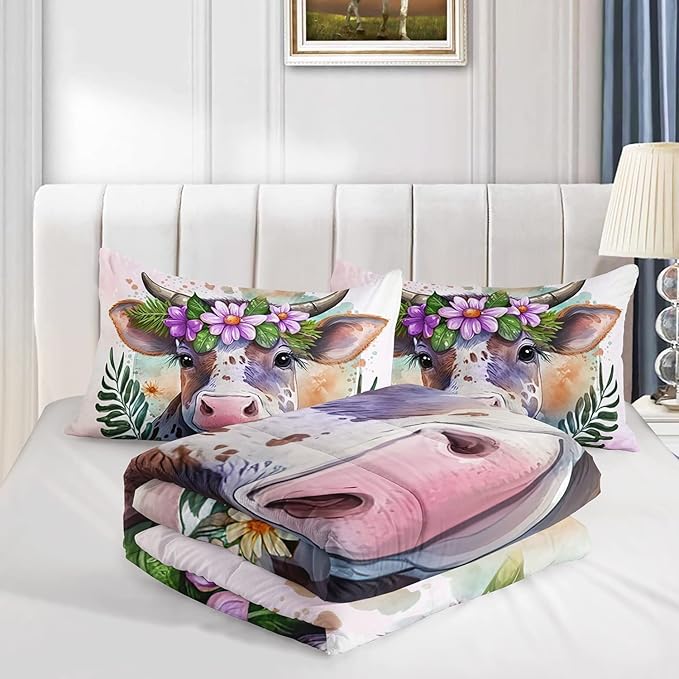 CVHOUSE Kawaii Cow Comforter Set Full Size,Cute Pink Cow Bedding Set for Girls Kids,Kawaii Cow Quilt Set Pink Cow Duvet Set Girl's Bedroom Decor 3 Pieces