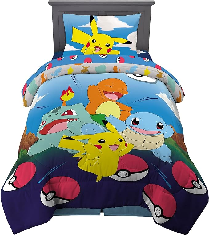 Franco Kids Bedding Super Soft Comforter and Sheet Set, 4 Piece Twin Size, Pokemon (Prints May vary)