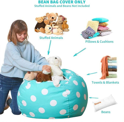 Aubliss Stuffed Animal Bean Bag Storage Chair, Beanbag Covers Only for Organizing Plush Toys, Turns into Bean Bag Seat for Kids When Filled, Medium 32"-Canvas Dot Light aqua