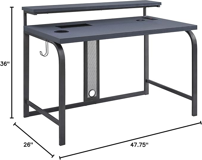 OSP Home Furnishings Reload Gaming Desk with Wireless Charging, USB Power Hub, and Remote Controlled RGB LED Lights, Matte Grey Carbon Fiber