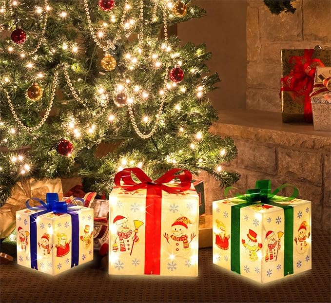 [Large 8.5"x7"x6" Christmas Set of 3 Lighted Gift Boxes Decorations Pre-lit 70 Super-Bright LED with Flashers,for Indoor Outdoor Christmas Tree Skirt Ornament Pathway Holiday Party Home