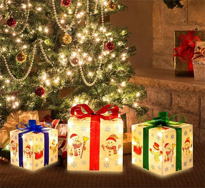 [Large 8.5"x7"x6" Christmas Set of 3 Lighted Gift Boxes Decorations Pre-lit 70 Super-Bright LED with Flashers,for Indoor Outdoor Christmas Tree Skirt Ornament Pathway Holiday Party Home