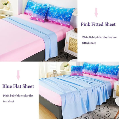 URBONUR 6 Pcs Mermaid Comforter Set Twin Size Gradient Pink and Blue Twin Bedding Sets for Girls/Kids/Teen, Colorful Glitter Printed Bed in a Bag Comforter with Sheet Set